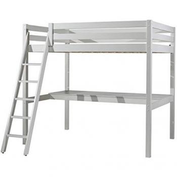 Cama alta Vipack Pino 140x200 cm con somier y escritorio blanco de pino macizo