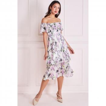 Goddiva Shirred Chiffon Floral Bardot Midi Dress - Multi