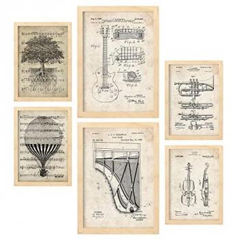 Set de 6 Posters de Música con Estética Collage para Decoración de Interiores - Tamaños A3 y A4 con Marco de Madera Clara