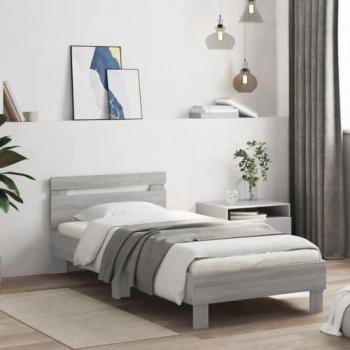 Estructura de cama con cabecero y luces LED gris Sonoma 90x190 cm