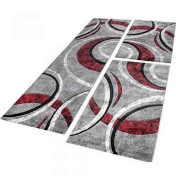 Alfombra Pie De Cama Con Ribetes Estampados Rayas Gris Negro Rojo Moteada Set 3 Piezas (2x80x150 y 1x80x300) - Paco Home