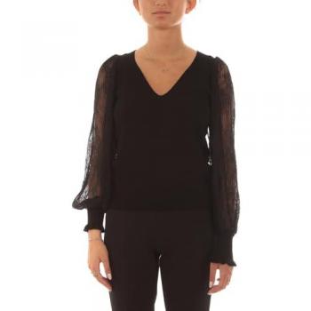 Reversible Black V-Neck Sweater with Lace Sleeves - Size M