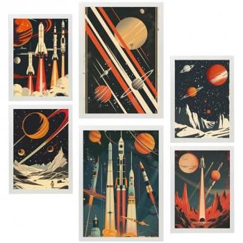 Set de 6 Pósters Vintage de Nave Espacial y Planetas en Tonos Rojos y Azules para Decoración de Paredes del Hogar (A3 y A4, Sin Marco)
