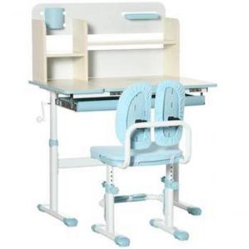 HOMCOM Juego de Escritorio y Silla para Niños de +3 Años, Pupitre Infantil Altura Ajustable, con 1 Cajón, 1 Estante para Libros y Tablero de Mesa Inclinable, Dim