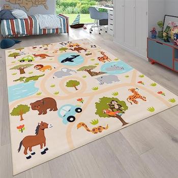 Alfombra de habitación infantil de juego jungla antideslizante crema verde amarillo ø 160 cm redonda - Paco Home