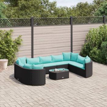 10-Piece Black Poly Rattan Garden Sofa Set with Cushions
