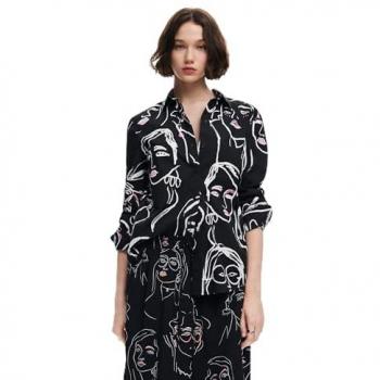 Camisa de mujer Desigual Faces manga larga estampado caras, color negro, talla XL