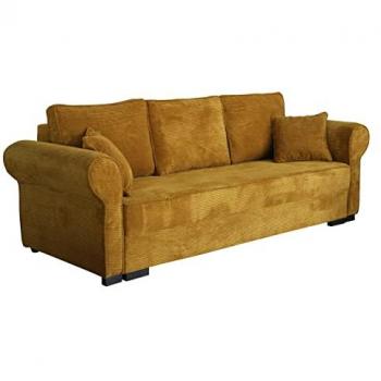 Sofá-cama Columbus 130, amarillo, con reposabrazos redondeados, caja de ropa de cama, dimensiones 234 x 92 x 92 cm