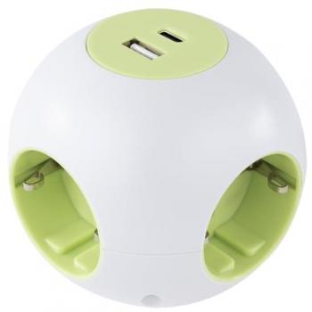 Regleta PowerGlobe REV de 4 enchufes con 2 puertos USB (Tipo A y C), cable de 1,4 m, color blanco-verde