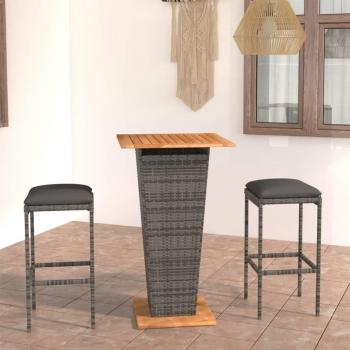 3-Piece Grey Poly Rattan Garden Bar Set with Cushions