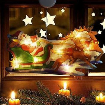 Decoración de Navidad con ventana iluminada, luces de silueta de doble cara con gancho de ventosa, 3 luces AAA con pilas para colgar luces de ventana para fiesta de Navidad en casa - Santa en trineo