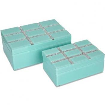 Juego de 2 Cajas Decorativas de Cristal Verde Agua con Tapa Cuadrada Brillante - Lucca (26.5 x 10.5 x 17 cm)
