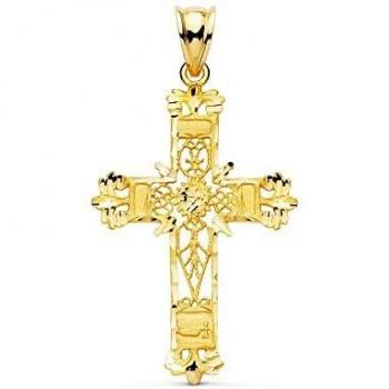 Cruz colgante oro 18k unisex 37mm. calada filigrana bordes tallados