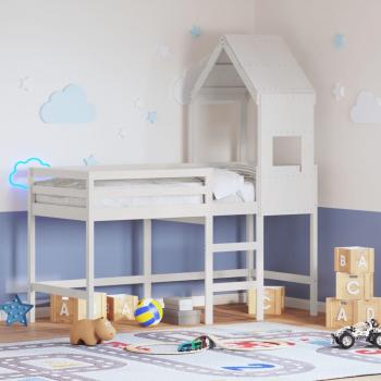 Cama alta con escalera y techo de pino macizo blanco 90x190 cm