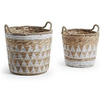 Kave Home - Set de 2 cestas Mast de Jacinto de Agua Trenzada a Mano con Detalle Decorativo Blanco