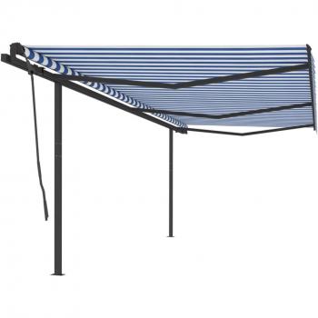 Toldo Retráctil Automático con Postes Azul y Blanco 6x3,5 m, Sombrilla Plegable, Toldo Resistente al Agua Rayos UV, Toldo para Balcón Jardín