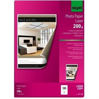 Papel fotográfico Sigel LP144, DIN A4, 200 g/m², brillante por las 2 caras, para impresión láser y copiado a color, paquete de 100 hojas