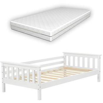 Cama para niños Nuuk con colchón de espuma fría hipoalergénico, diseño moderno en pino blanco, 80 x 160 cm, protección contra caídas - máx. 70 kg