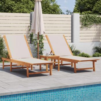 Tumbonas de Exterior vidaXL 2 uds con mesa de madera maciza acacia y textileno en color Negro, Crema y Gris, ideales para jardín, playa, piscina y terraza