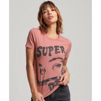 Camiseta Superdry Lo-fi Poster rosa para mujer, manga corta, diseño gráfico en la parte frontal