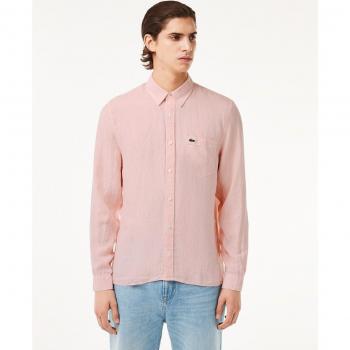 Lacoste Men's Long Sleeve Casual Linen Shirt - Pink, Size S