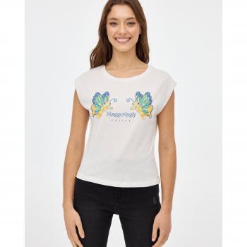 Camiseta sin manga y cuello redondo color blanco con estampado de mariposas INSIDE - Camiseta de mujer 100% algodón con dibujo frontal