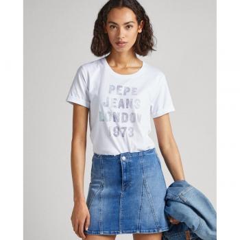 Pepe Jeans Agnes Camiseta Mujer Blanco con Logo Strass Slim Fit