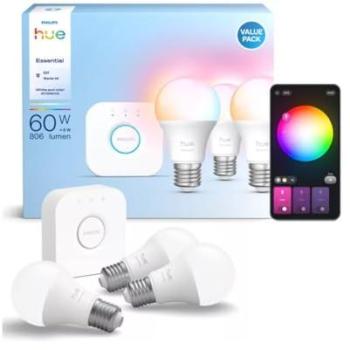 Kit de inicio Philips Hue Essential: 3 bombillas inteligentes E27 (806 lm) con control por aplicación y compatibilidad con asistentes de voz