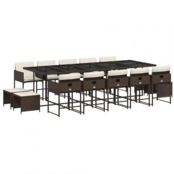 Set comedor de jardín y cojines 15 pzas ratán sintético marrón