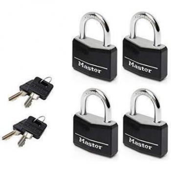Master Lock 9140EURQBLKNOP Lote de 4 Candados con Llave con cuerpo de aluminio macizo revestido, Negro, 4 x 5.9 x 1.3 cm