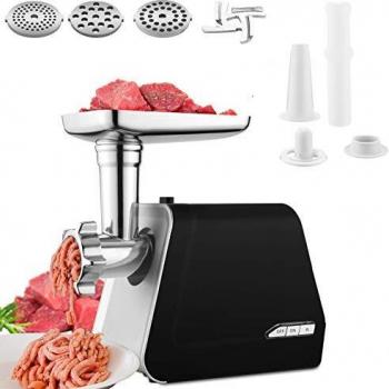 Picadora de Carne Eléctrica,Max 2000W Picadora de Carne Profesional, Máquina Picadoras de Carne con 3 Placas de Molienda, Embutidora de Salchichas, Acero Inoxidable, Función Inversa,Negro
