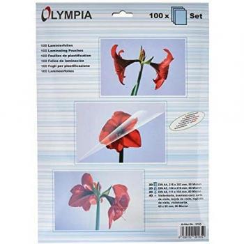 Set de Laminado Olympia 9165 - 100 Piezas, 80 Micrones, Ideal para A4, A5, A6 y Visitenkarten