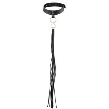 Maze Collar With Flogger - Black, adjustable size, made of faux leather, features a tassel flogger attachment for added stimulation and aesthetic appeal