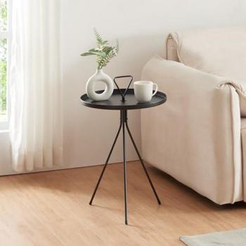 Mesa Auxiliar Redonda Odal con Borde Elevado y Asa de Metal 65xØ41cm - Negro