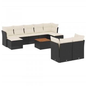 10-Piece Black Poly Rattan Garden Sofa Set with Cushions