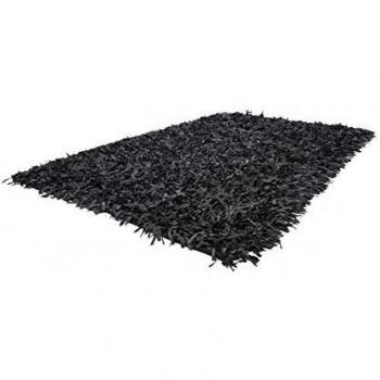 Alfombra Hecho a mano 100%Cuero Pelo Alto Alfombras Parte posterior de algodón Negro - Negro, 160cm x 230cm