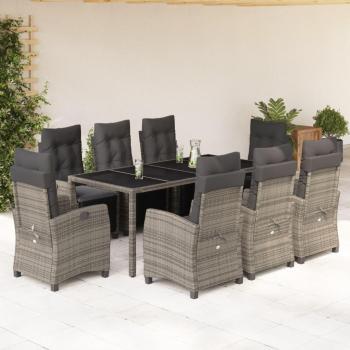 9-Piece Grey Poly Rattan Garden Dining Set with Cushions