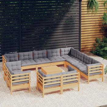 vidaXL 13-Piece Solid Pinewood Garden Lounge Set with Gray Cushions