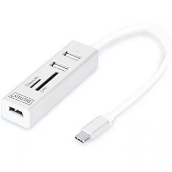 Digitus DA-70243 Lector de Tarjetas USB-C con Concentrador OTG, 3 Puertos USB 2.0, para MicroSD/SD, Color Blanco