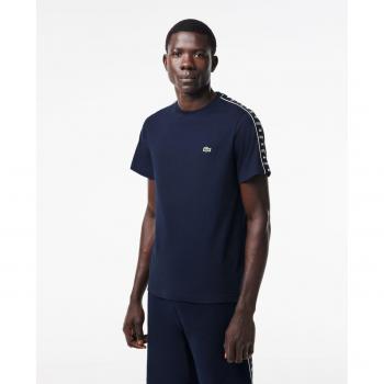 Camiseta de hombre Lacoste en punto de algodón con rayas del logo, manga corta, color azul marino, talla XS