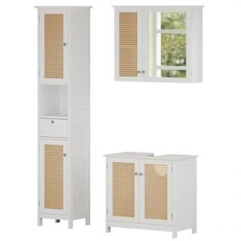 Conjunto de muebles de baño moderno Rosario, Blanco, 3 piezas con mueble alto y espejo
