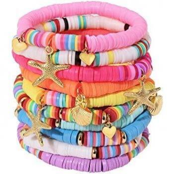 Ornaland 10 Piezas Pulseras de La Arcilla Heishi Bead Kit Pulseras del Encanto de La Pulsera del Estiramiento de Polímero con Los Colgantes y Los Granos de AcríLico para el Verano Lleva