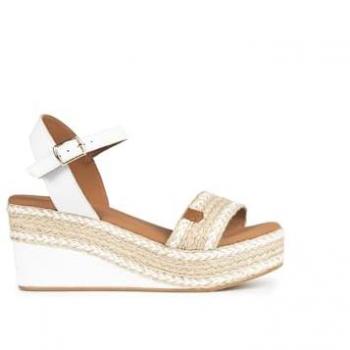 Sandalias de Cuña Baja de Piel para Mujer Arambol Salem Blanco con Cierre Hebilla y Yute