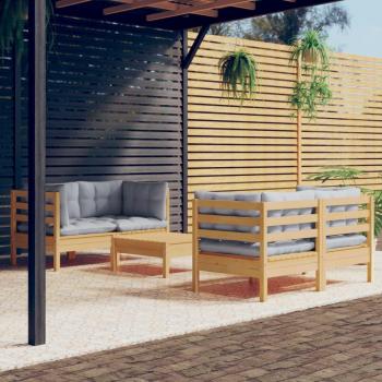 5-Piece Pinewood Garden Lounge Set with Grey Cushions