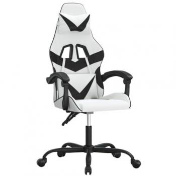 Silla Gaming Cuero Sintético Blanco y Negro con Reposabrazos, Ruedas Giratorias y Altura Ajustable para Estudio, Oficina o Casa