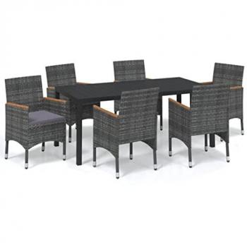 7-Piece Grey Poly Rattan Garden Dining Set with Cushions