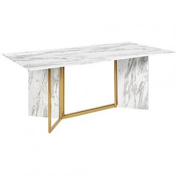 Mesa de Comedor Moderna Glamour 200 x 100 cm MDF Vidrio Efecto Mármol con Patas de Metal Dorado para 8 Plazas