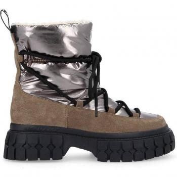 Botas de mujer après-ski en ante y lona repelente al agua, modelo Gravitee marrón plateado, plano con cordones