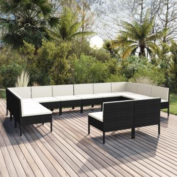 12 Piece Black Poly Rattan Garden Lounge Set with Cushions