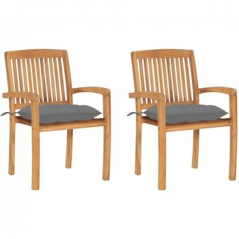 Teak Garden Chairs Set of 2 with Grey Cushions
